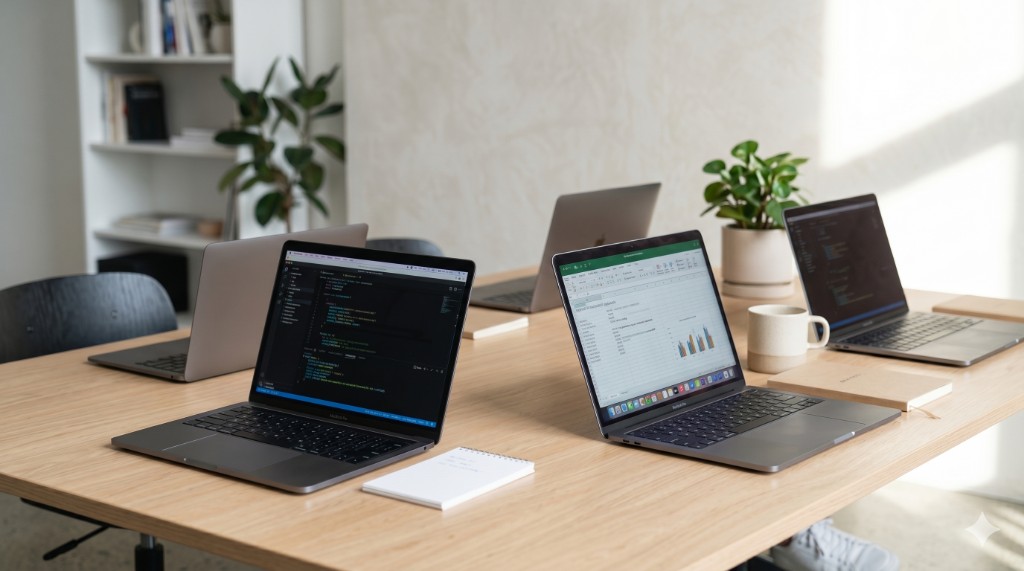 Laptops showing code and operational data on a shared work surface.